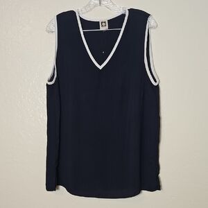 Anne Klein Navy and White V-Neck Tank Top